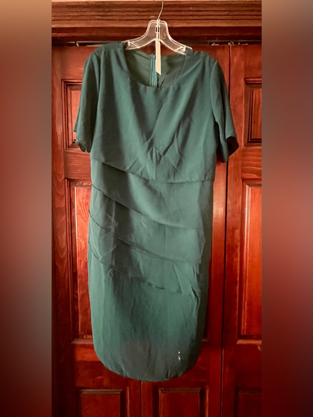Women’s Teal Green Sheath Short Sleeve Chiffon- Like Layered Lined Dress Med